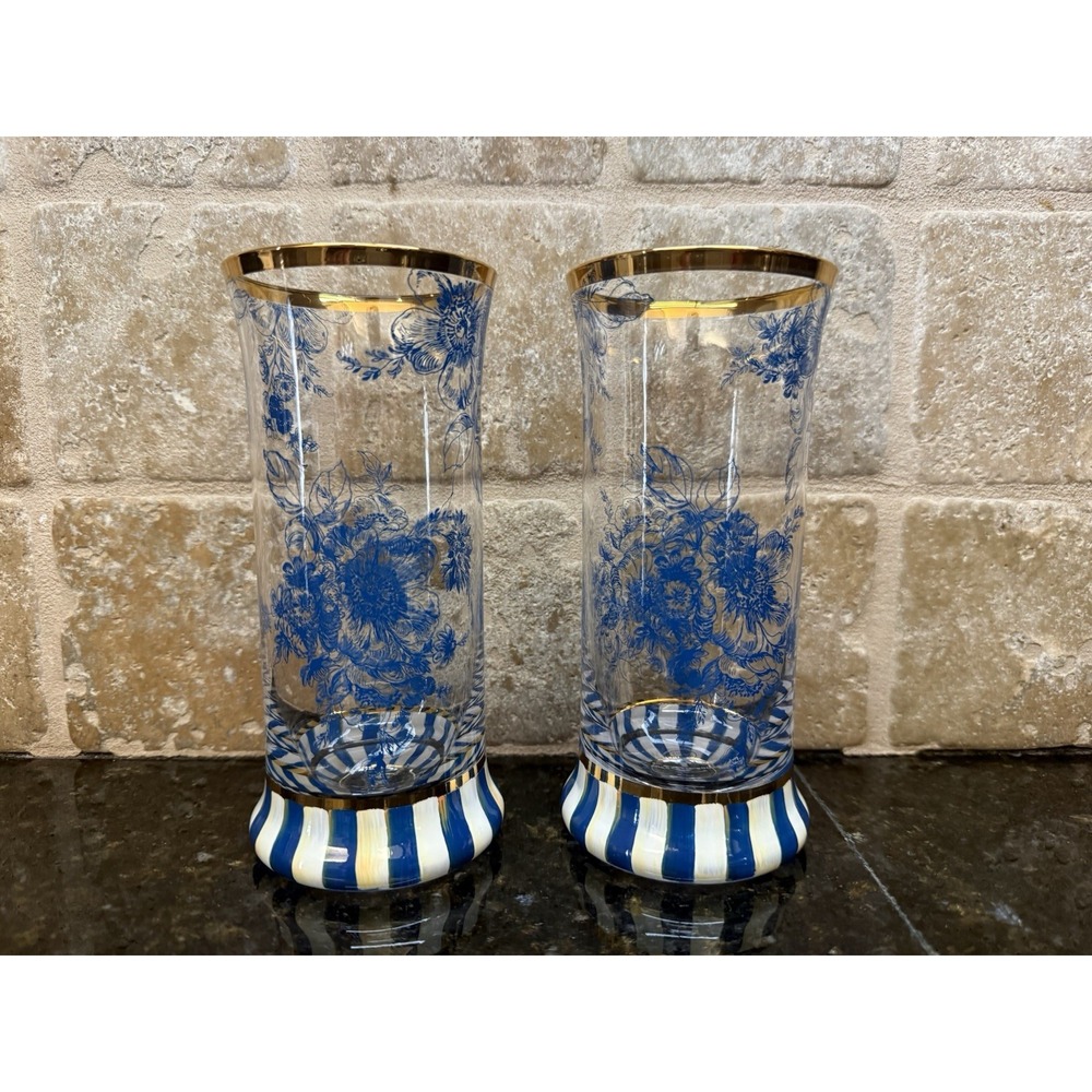 MacKenzie-Childs Royal English Garden Highball-Set of 2 Blue Floral Gold Trim
